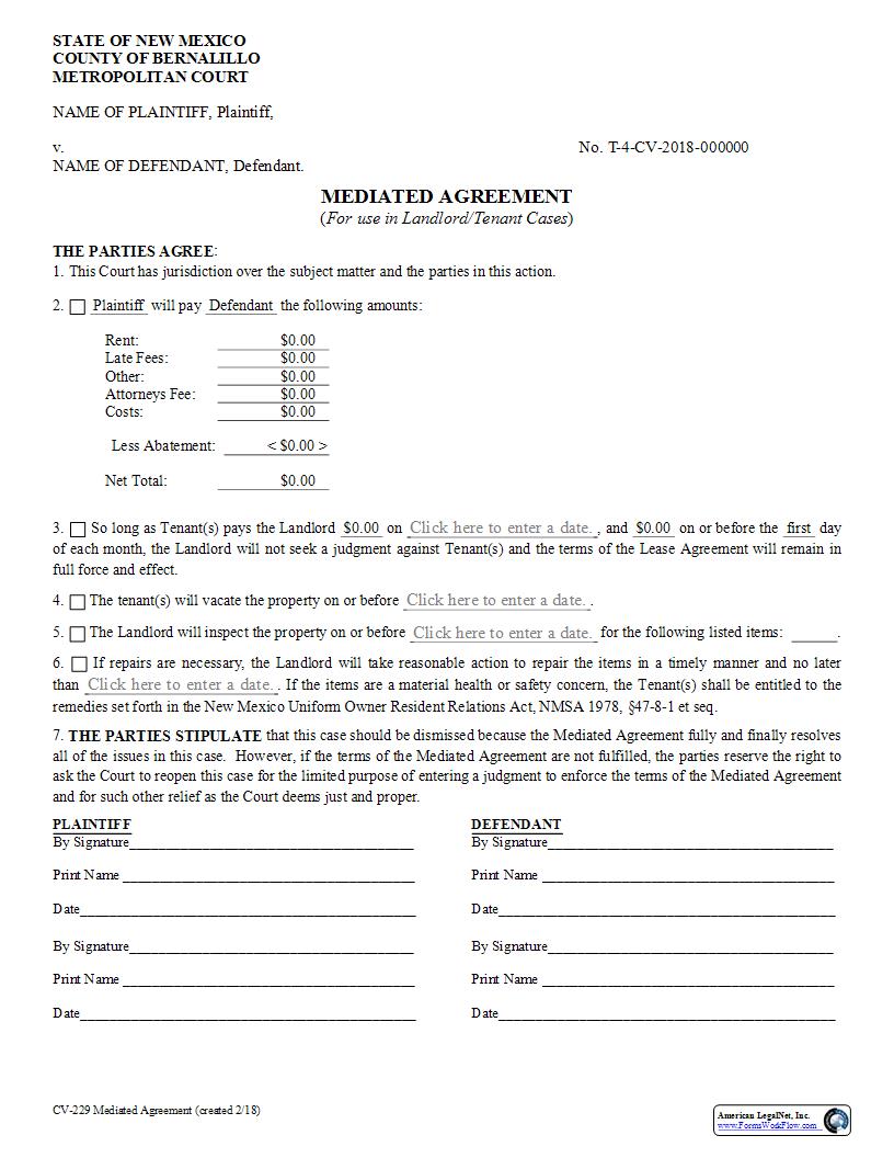 Mediated Agreement For Use In Landlord Tenant Cases {CV 229} | Pdf Fpdf Docx | New Mexico