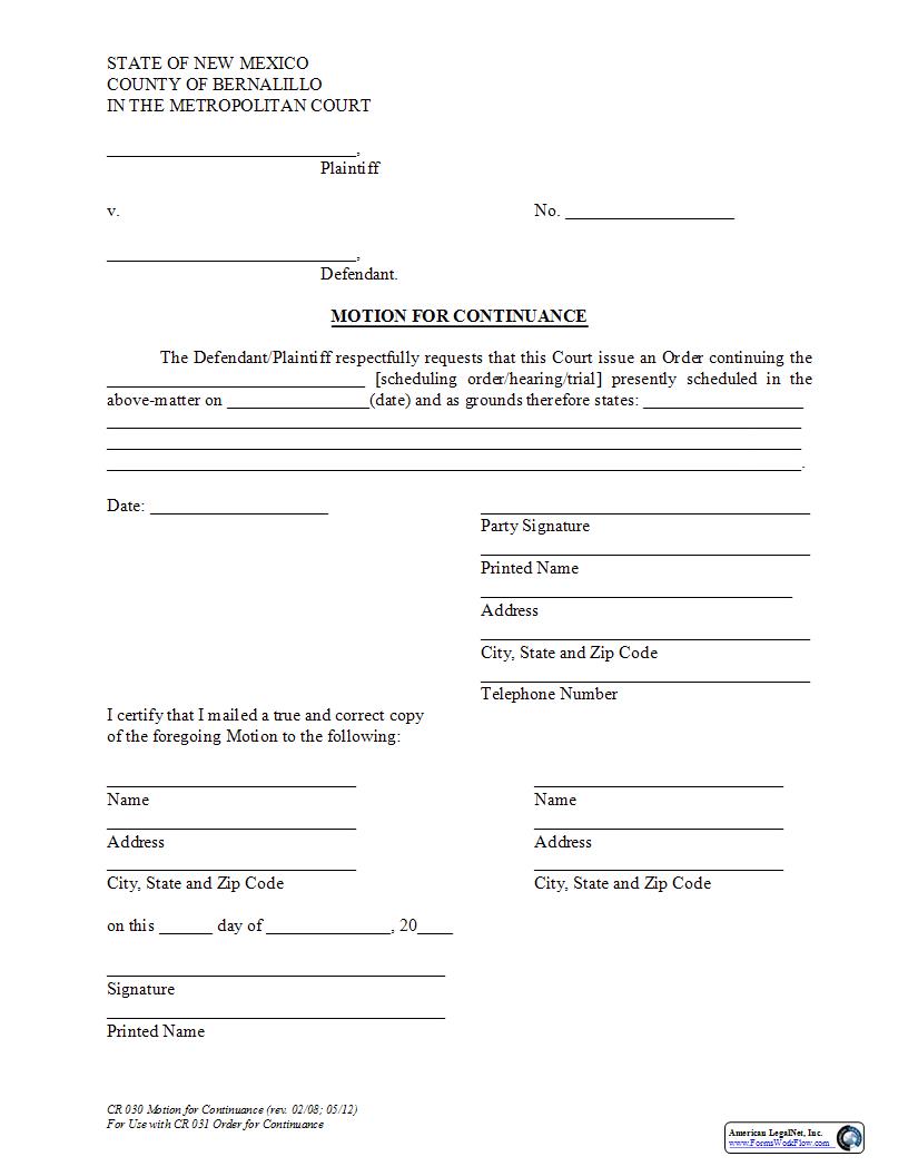 Motion For Continuance {CR 30} | Pdf Fpdf Docx | New Mexico