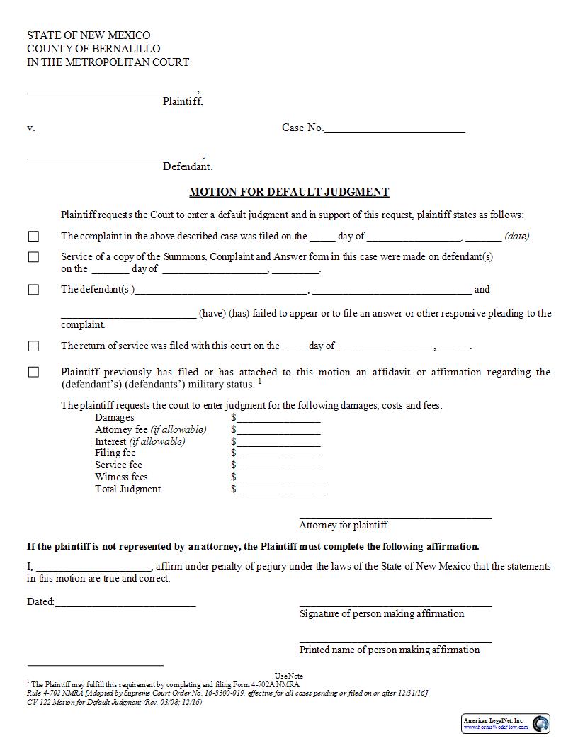 Motion For Default Judgment {CV-122} | Pdf Fpdf Docx | New Mexico