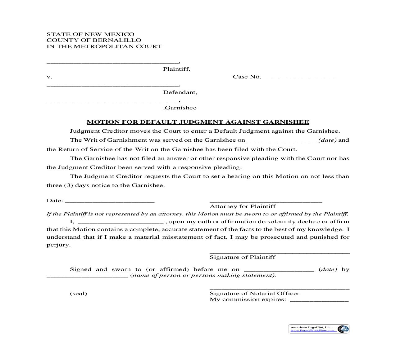 Motion For Default Judgment Against Garnishee {4-810} | Pdf Fpdf Doc Docx | New Mexico
