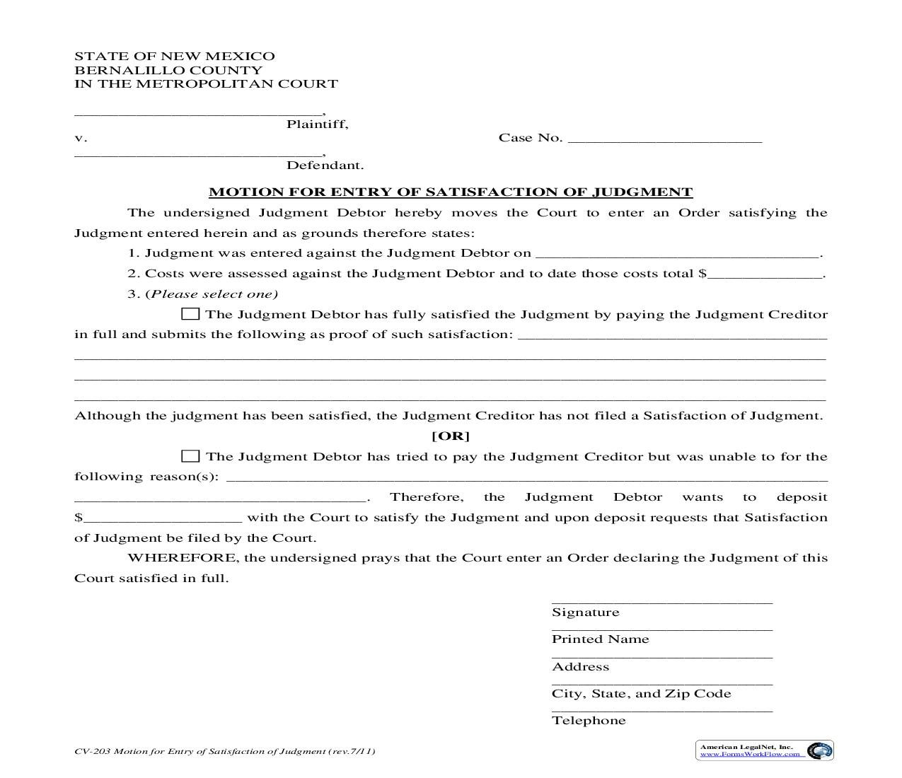 Motion For Entry Of Satisfaction Of Judgment {CV-203} | Pdf Fpdf Doc Docx | New Mexico