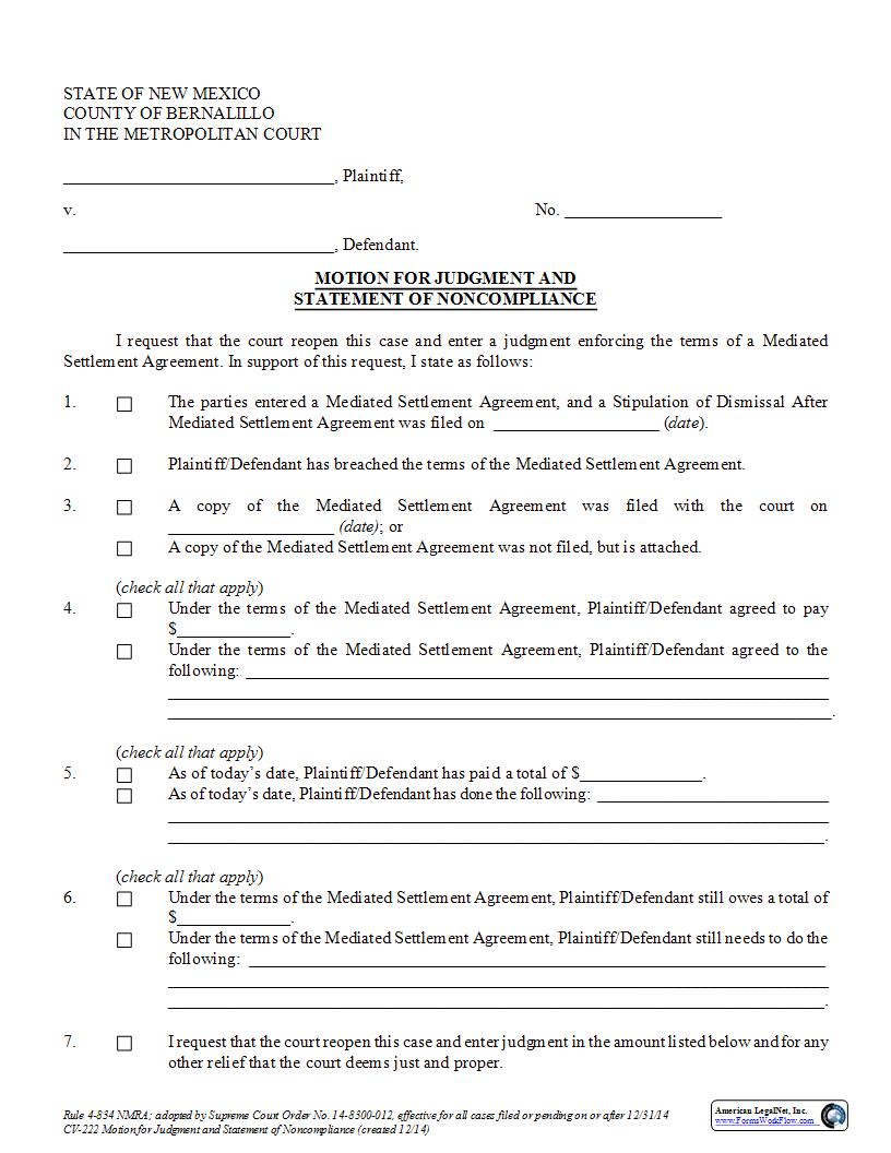 Motion For Judgment And Statement Of Noncompliance {CV-222} | Pdf Fpdf Docx | New Mexico
