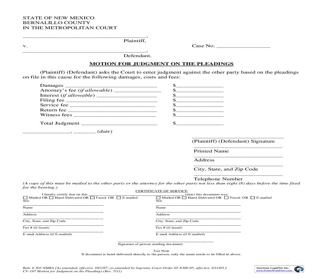 Motion For Judgment On The Pleadings {4-303} | Pdf Fpdf Doc Docx | New Mexico