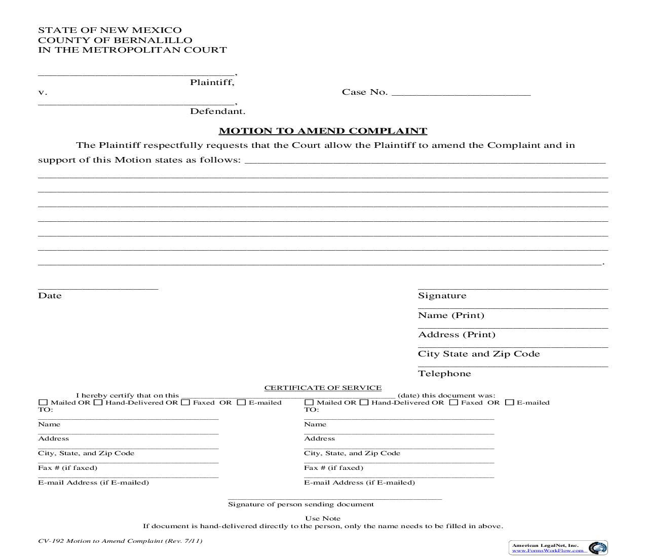 Motion To Amend Complaint {CV-192} | Pdf Fpdf Doc Docx | New Mexico