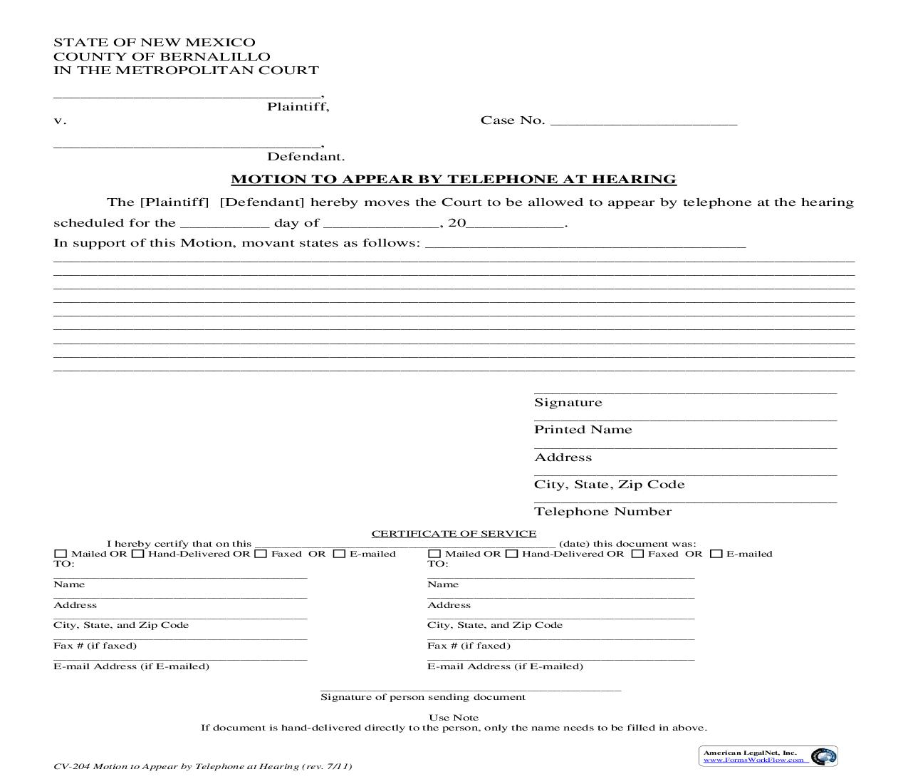 Motion To Appear By Telephone At Hearing {CV-204} | Pdf Fpdf Doc Docx | New Mexico