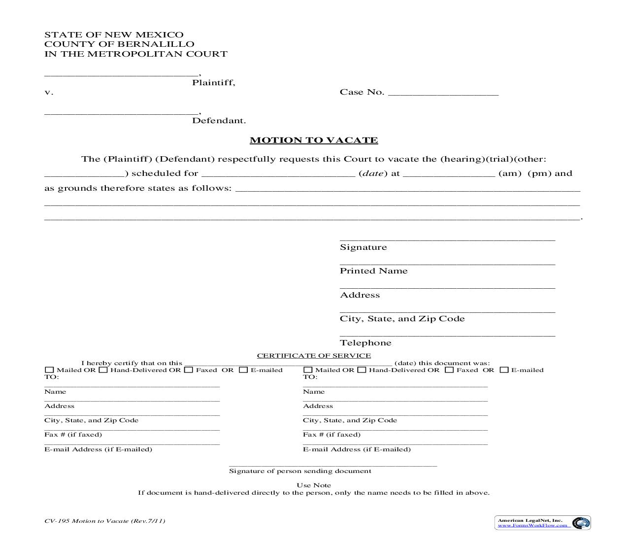 Motion To Vacate {CV-195} | Pdf Fpdf Doc Docx | New Mexico