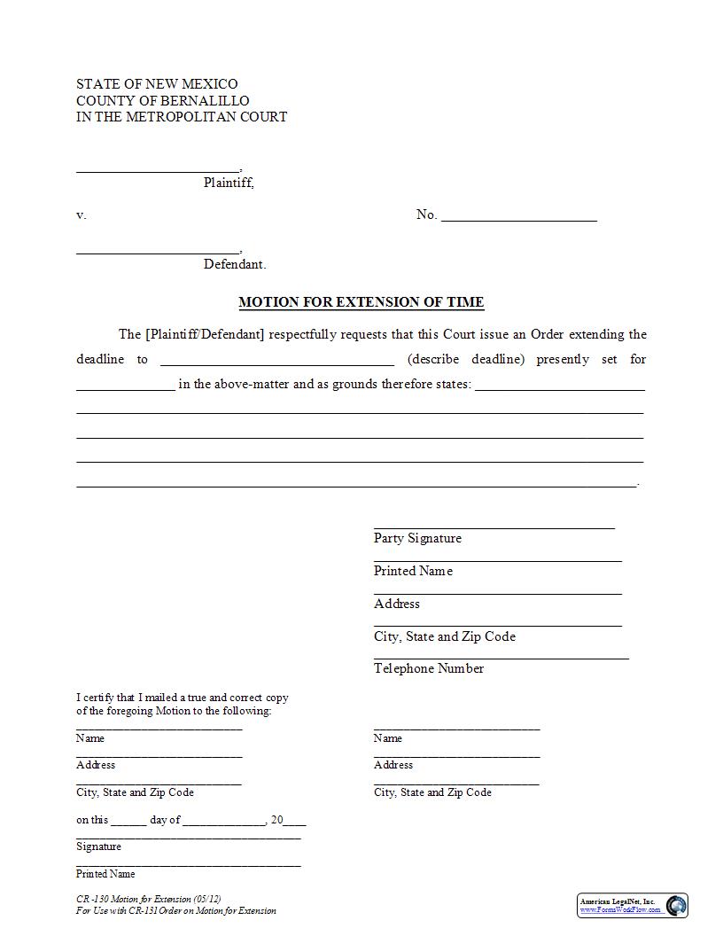 Motion for Extension {CR-130} | Pdf Fpdf Docx | New Mexico