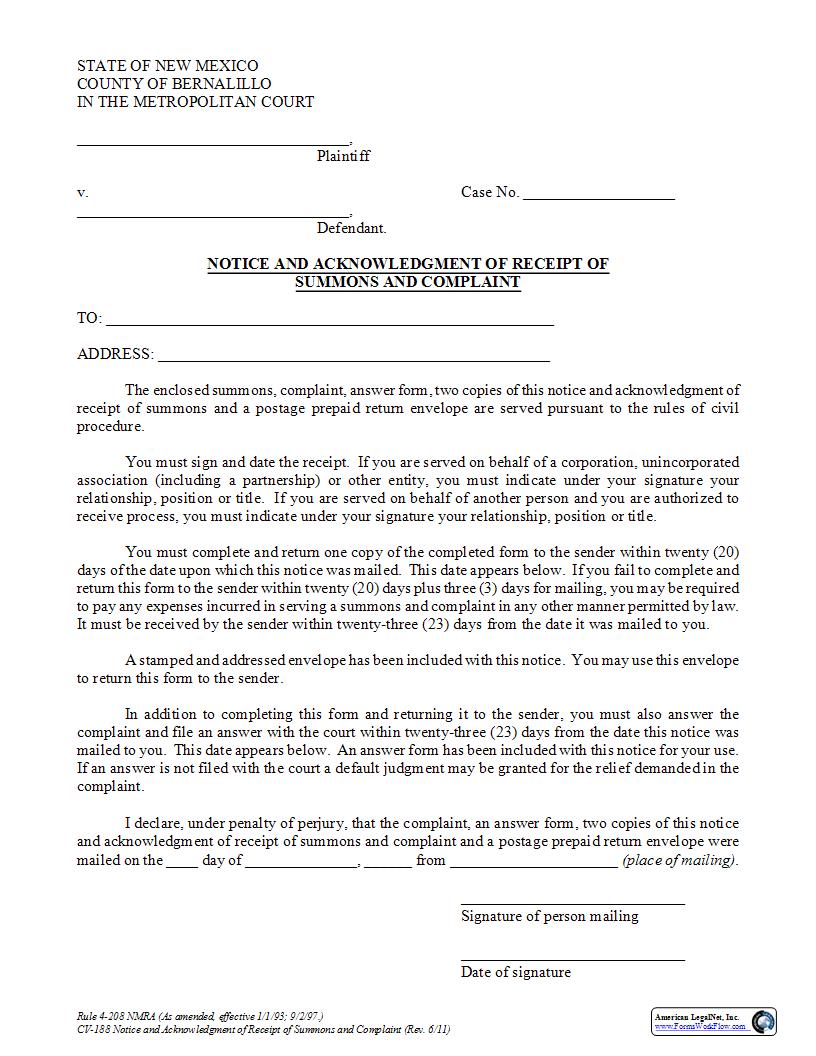 Notice And Acknowledgment Of Receipt Of Summons And Complaint {CV-188} | Pdf Fpdf Docx | New Mexico