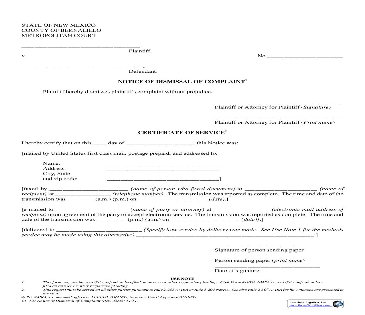 Notice Of Dismissal Of Complaint {4-305} | Pdf Fpdf Doc Docx | New Mexico