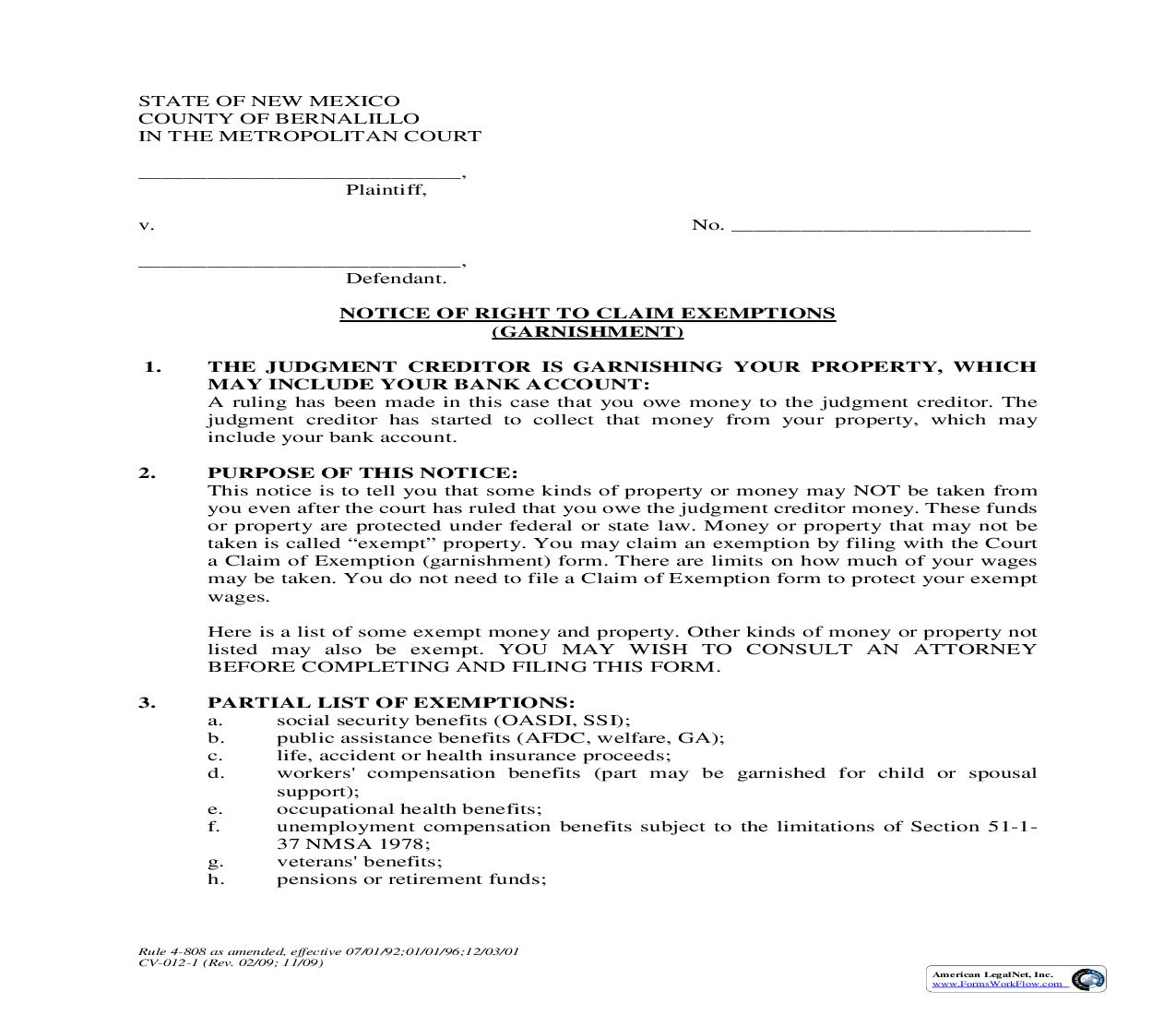 Notice Of Right To Claim Exemptions  (Garnishment) {4-808} | Pdf Fpdf Doc Docx | New Mexico
