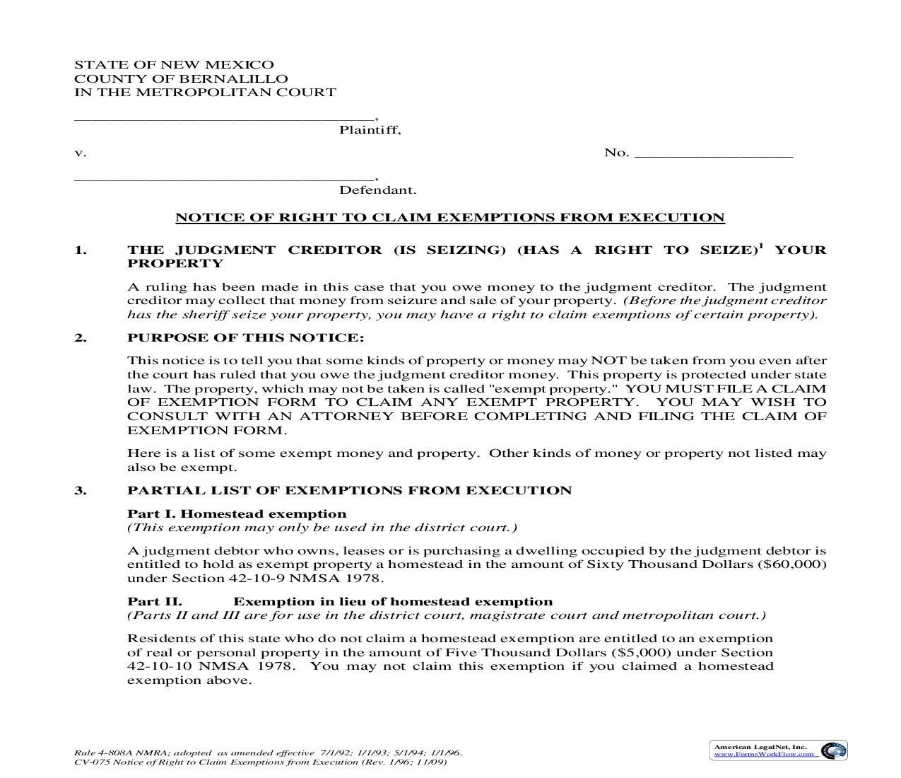 Notice Of Right To Claim Exemptions (Execution) {4-808A} | Pdf Fpdf Doc Docx | New Mexico