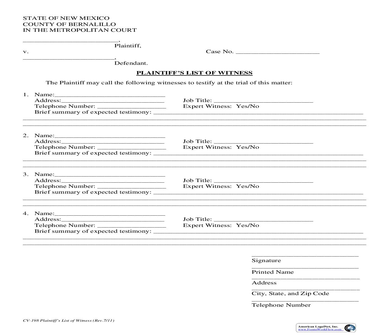 Palintiffs List Of Witnesses {CV-198} | Pdf Fpdf Doc Docx | New Mexico
