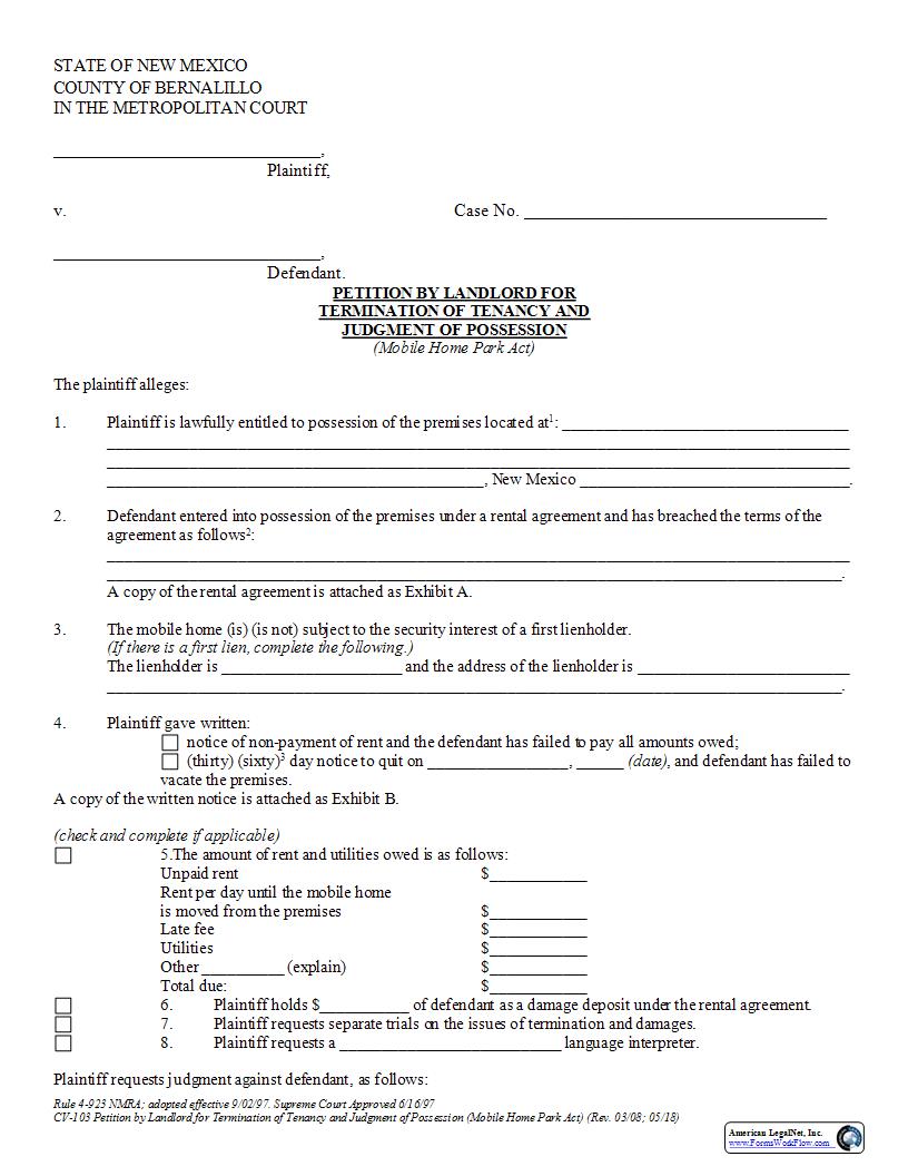 Petition By Landlord For Termination Of Tenancy And Judgment Of Possession {CV-103} | Pdf Fpdf Docx | New Mexico