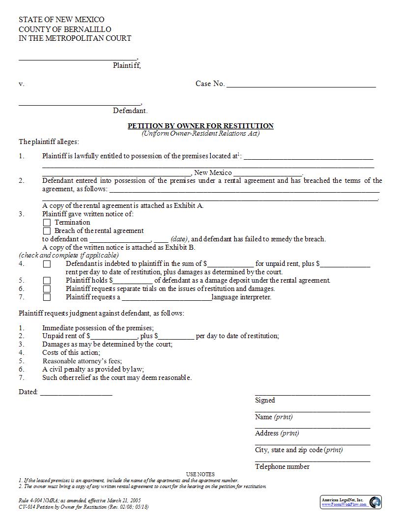 Petition By Owner For Restitution {CV-014} | Pdf Fpdf Docx | New Mexico