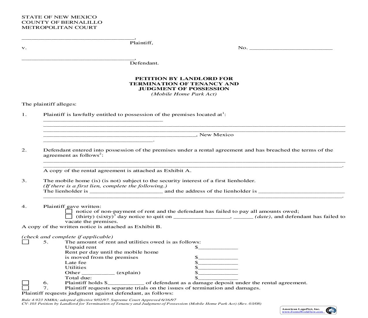 Petition by Landlord for Terminination of Tenancy and Judgment of Possession (Mobile Home Park Act) {4-923} |  | New Mexico