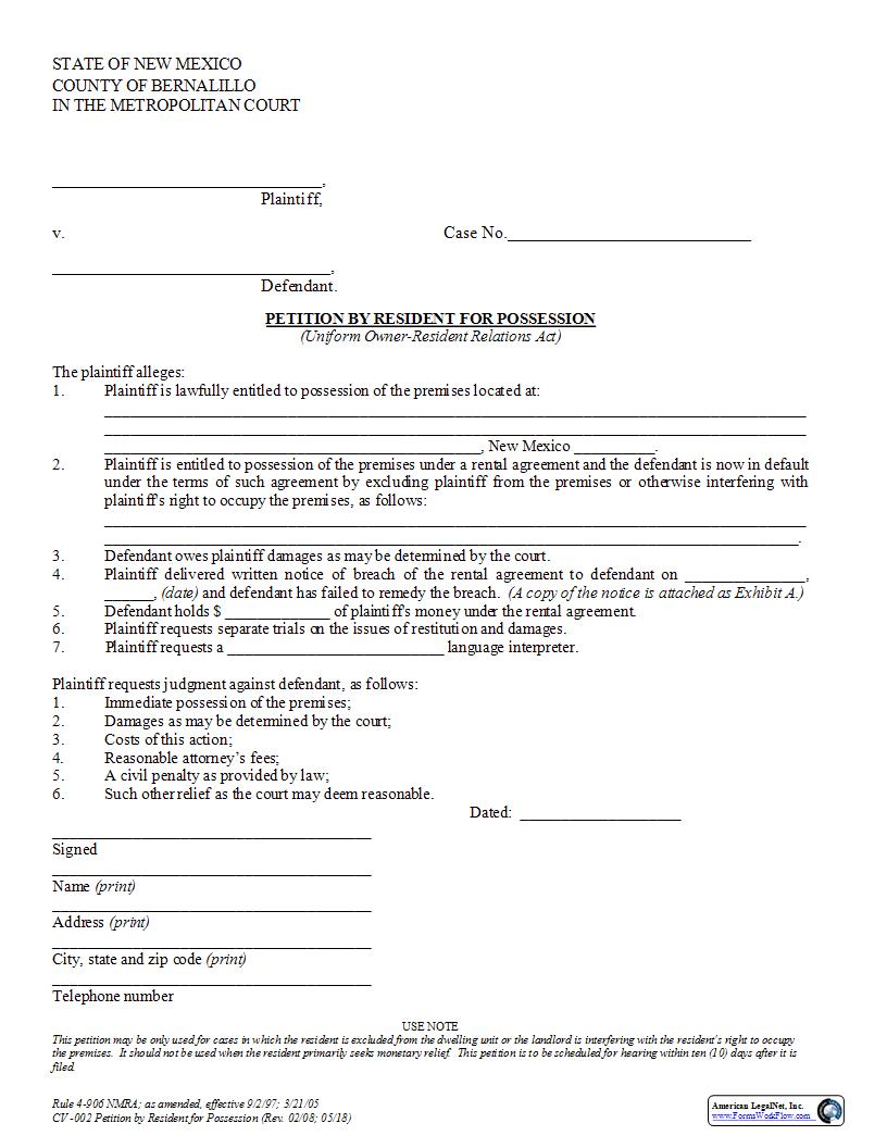 Petition by Resident for Possession {CV-002} | Pdf Fpdf Docx | New Mexico