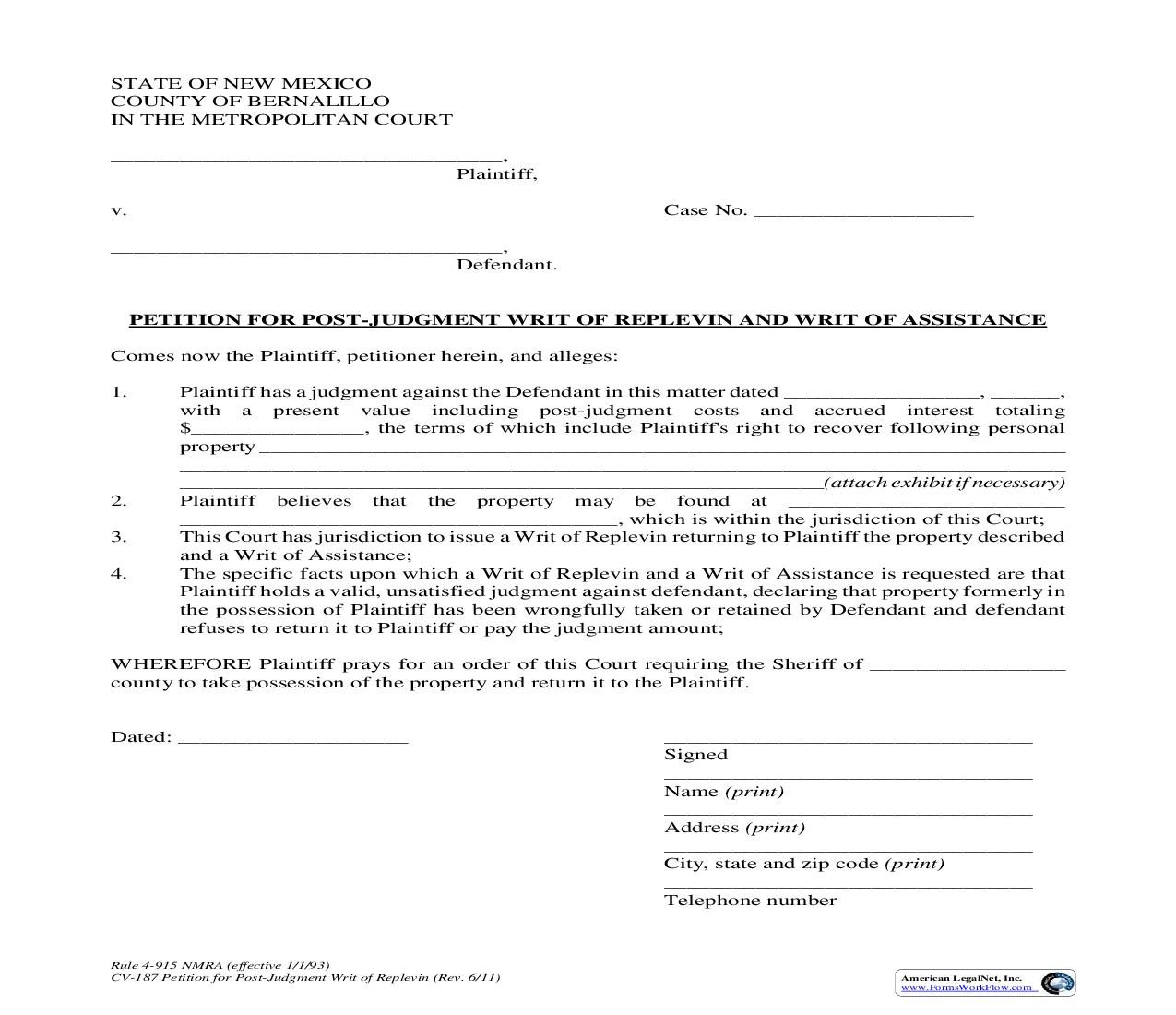 Petition for Post-Judgment Writ of Replevin and Writ of Assistance {4-915} | Pdf Fpdf Doc Docx | New Mexico