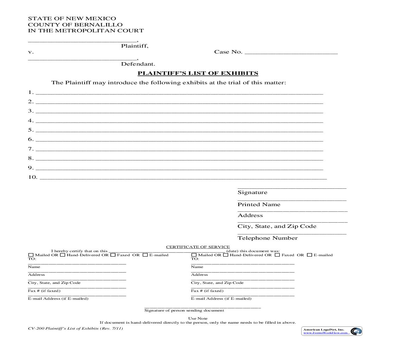 Plaintiffs List Of Exhibits {CV-200} | Pdf Fpdf Doc Docx | New Mexico