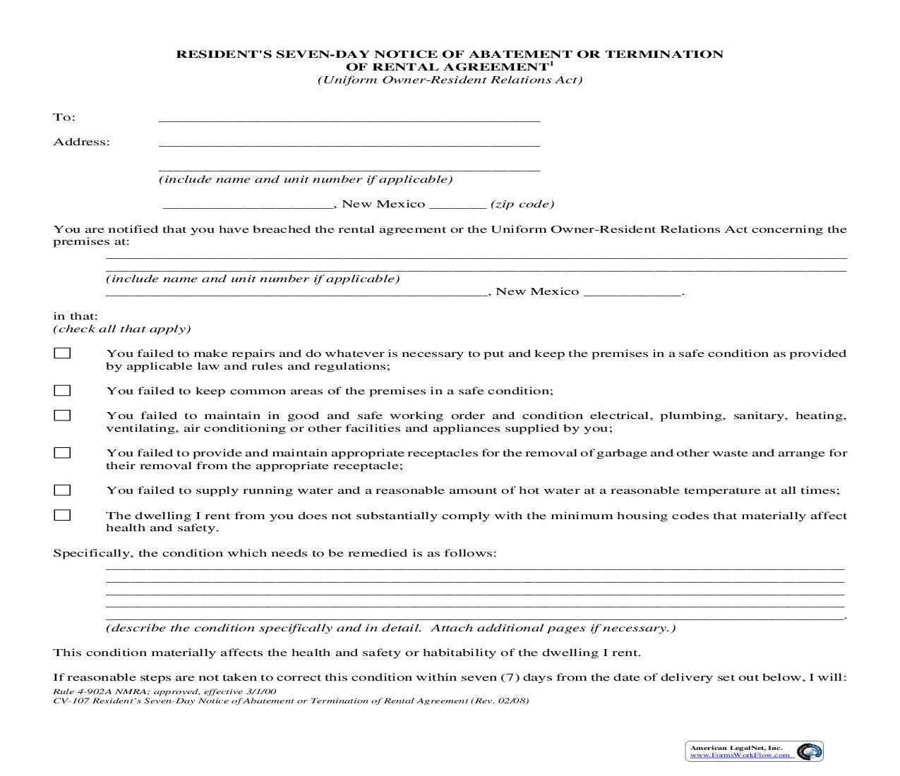 Residents Seven Day Notice of Abatement or Termination of Rental Agreement {4-902A} | Pdf Fpdf Doc Docx | New Mexico