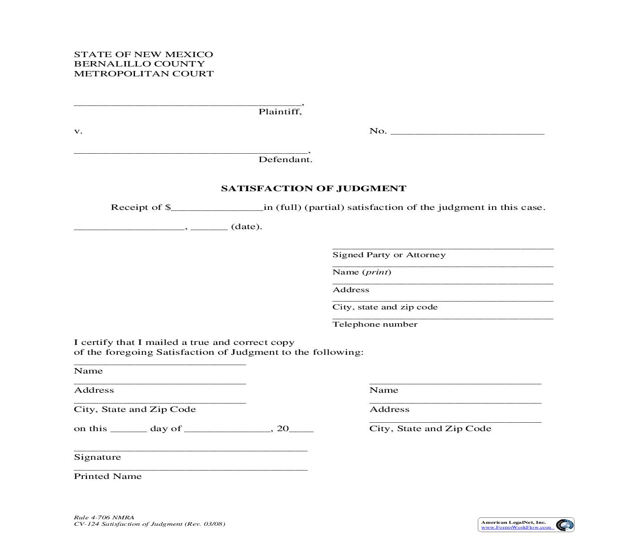 Satisfaction Of Judgment {4-706} | Pdf Fpdf Doc Docx | New Mexico