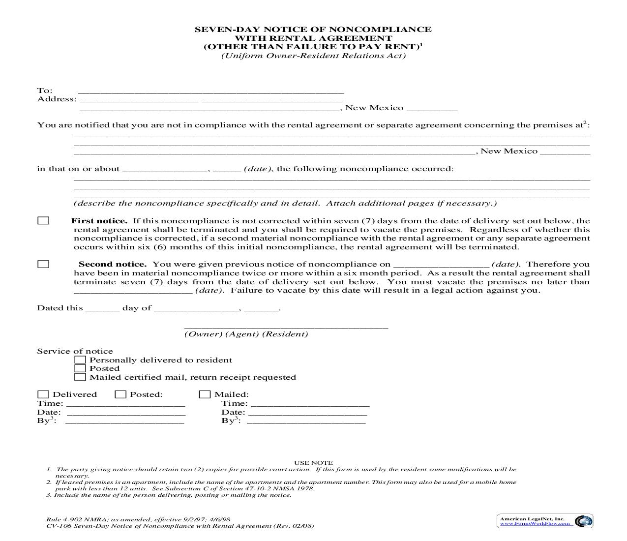 Seven-Day Notice of Noncompliance with Rental Agreement {4-902} | Pdf Fpdf Doc Docx | New Mexico