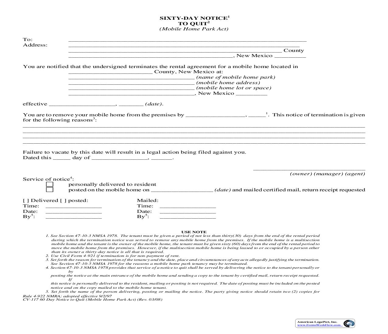 Sixty-Day Notice to Quit {4-922} | Pdf Fpdf Doc Docx | New Mexico