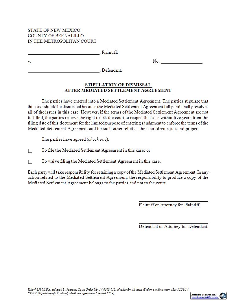 Stipulation of Dismissal After Mediation {CV-223} | Pdf Fpdf Docx | New Mexico