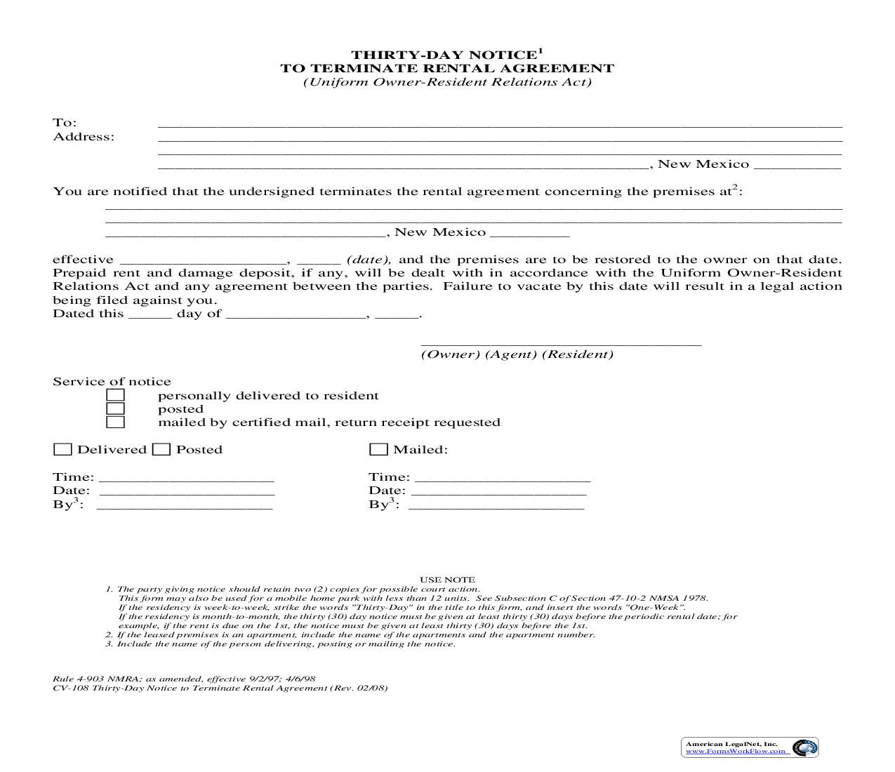 Thirty-Day Notice to Terminate Rental Agreement {4-903} | Pdf Fpdf Doc Docx | New Mexico