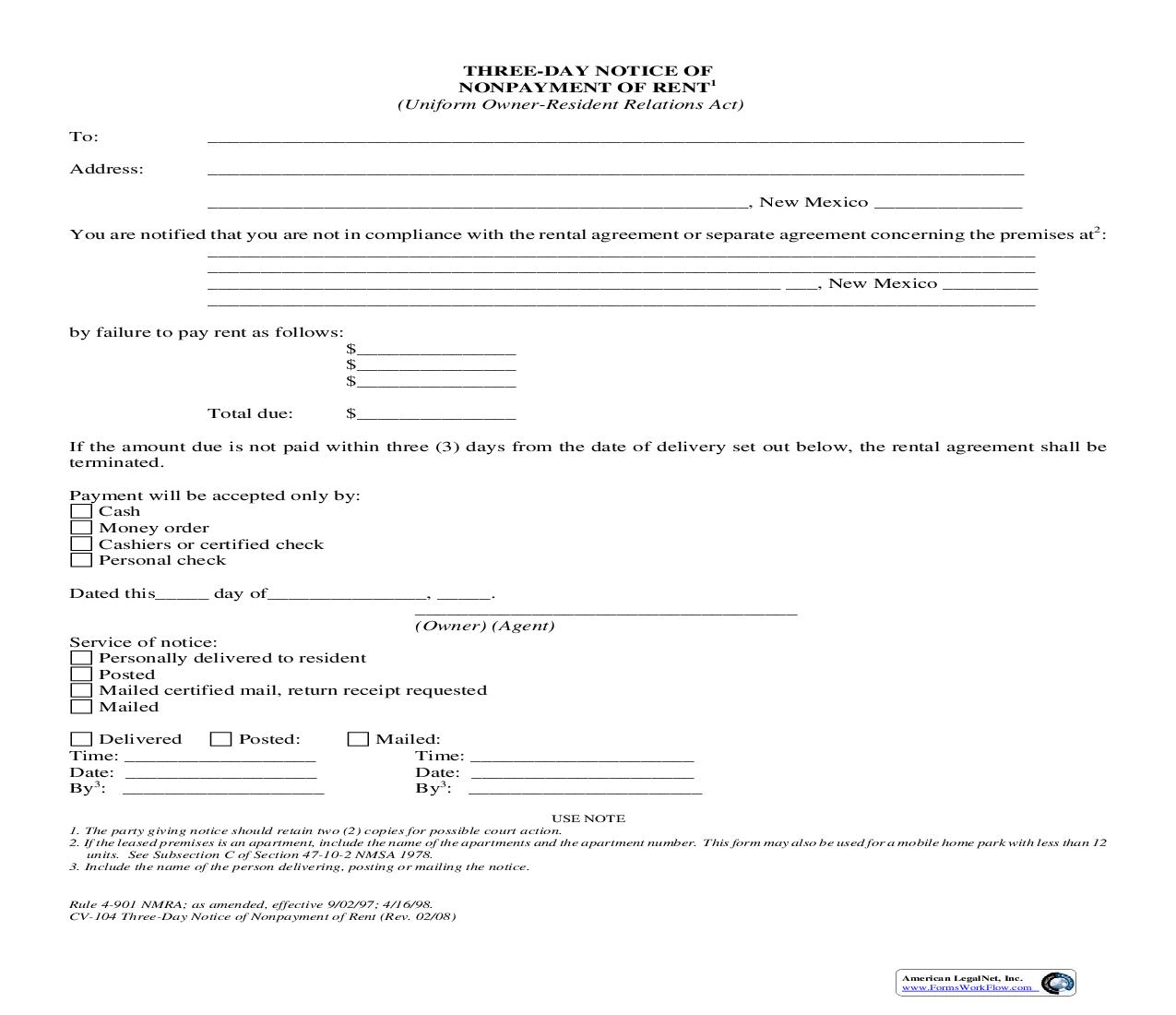 Three Day Notice Of Nonpayment Of Rent {4-901} | Pdf Fpdf Doc Docx | New Mexico