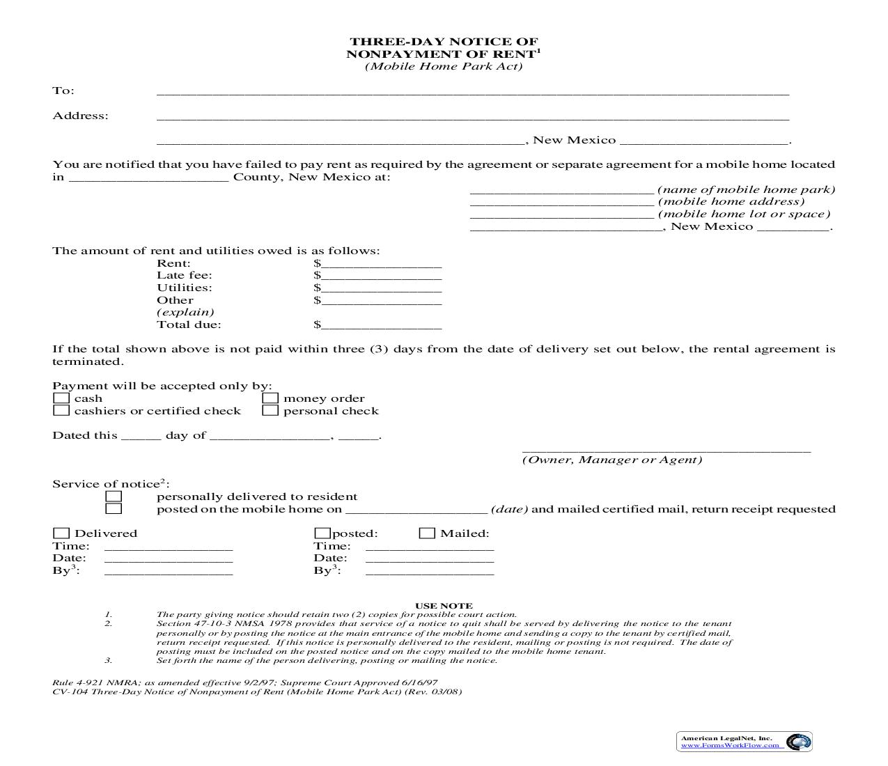 Three-Day Notice of Nonpayment of Rent (Mobile Home Park Act) {4-921} | Pdf Fpdf Doc Docx | New Mexico