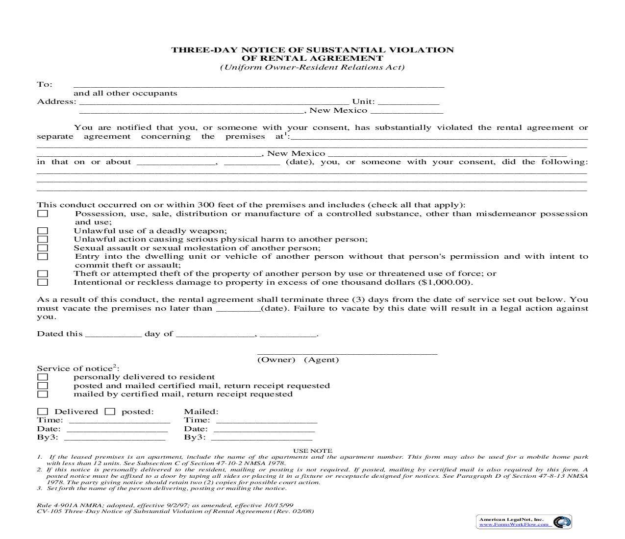Three-Day Notice of Substantial Violation of Rental Agreement {4-901A} | Pdf Fpdf Doc Docx | New Mexico