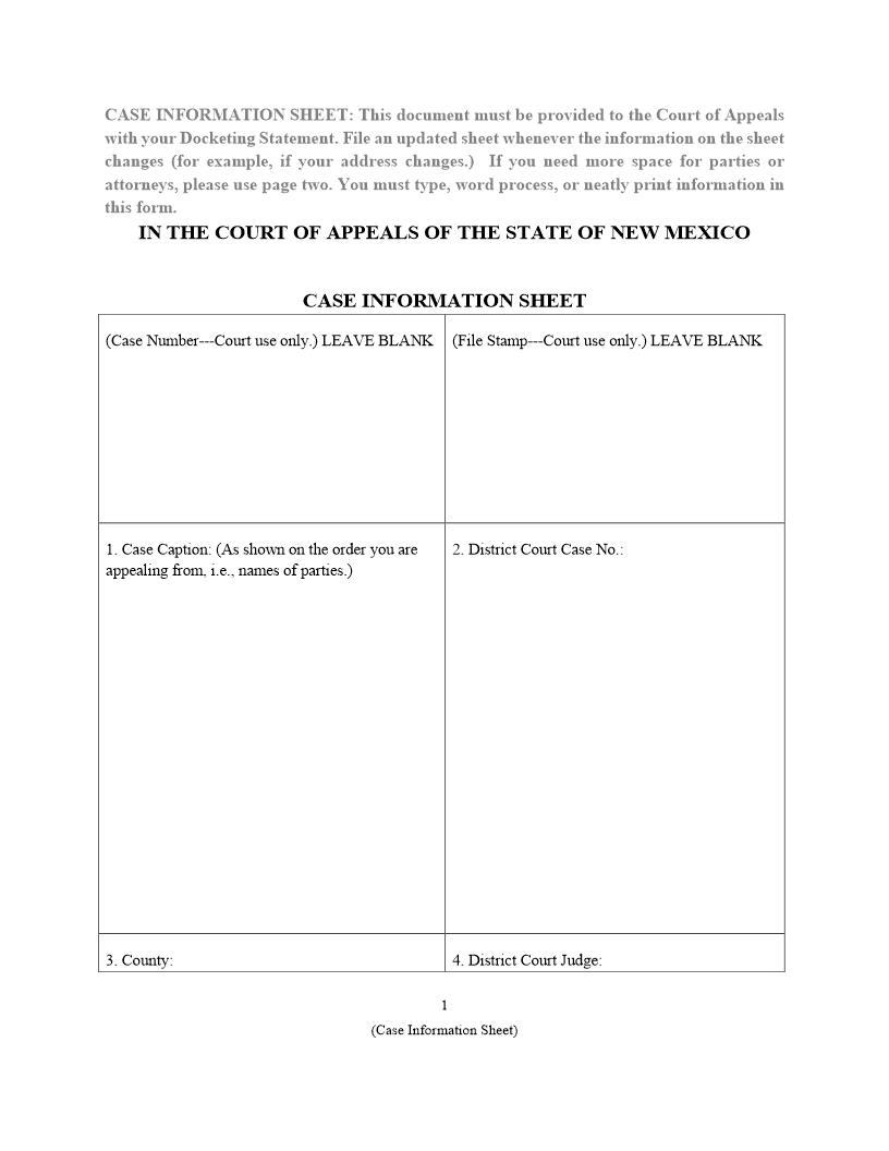 Case Information Sheet | Pdf Fpdf Docx | New Mexico