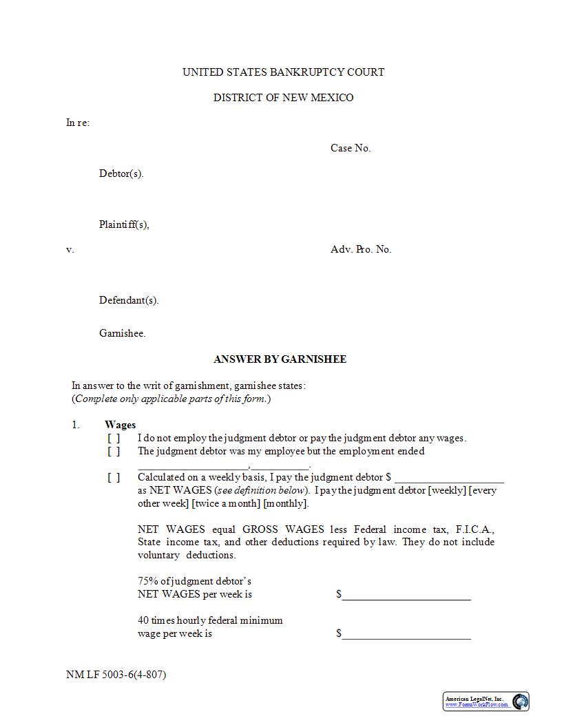 Answer By Garnishee {NM LF 5003-6} | Pdf Fpdf Docx | New Mexico