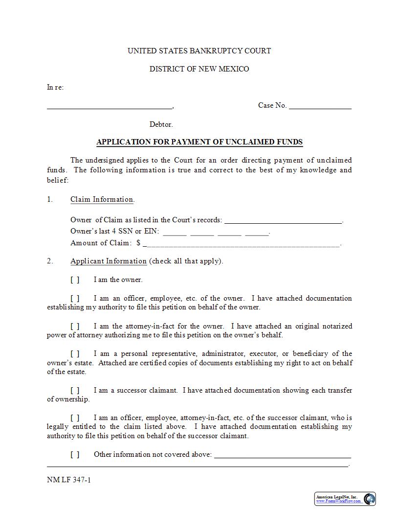 Application For Payment Of Unclaimed Funds {NM LF 347-1} | Pdf Fpdf Docx | New Mexico