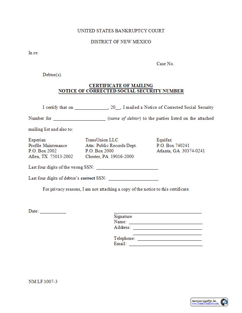 Certificate Of Mailing Notice Of Corrected SSN {NM LF 1007-3} | Pdf Fpdf Docx | New Mexico