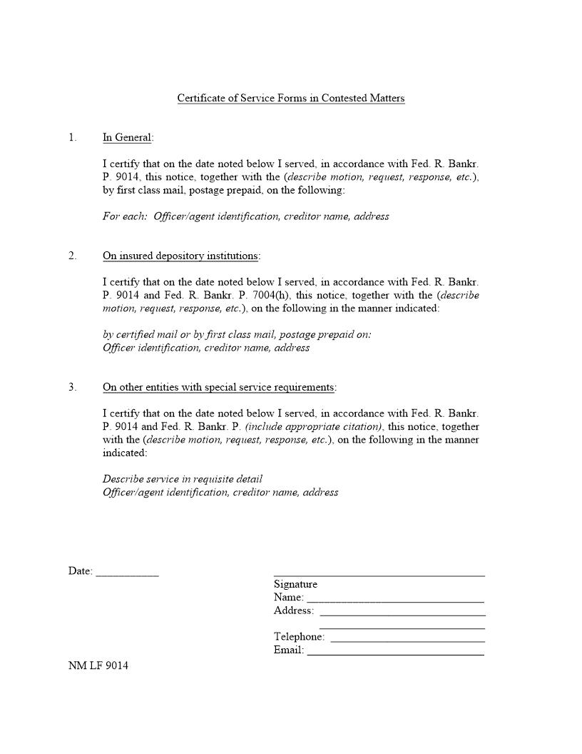 Certificate Of Service Forms In Contested Matters {NM LF 9014} | Pdf Fpdf Docx | New Mexico