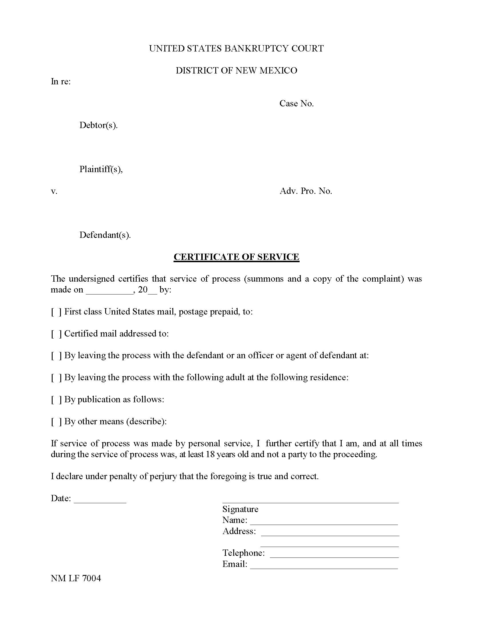 Certificate Of Service Of Summons And Complaint {NM LF 7004} | Pdf Fpdf Docx | New Mexico
