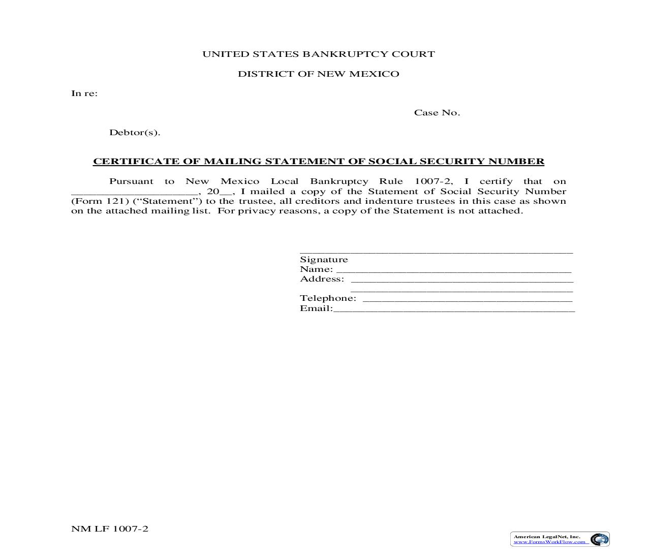 Certificate of Mailing Statement of Social Security Number {1007-2} | Pdf Fpdf Doc Docx | New Mexico