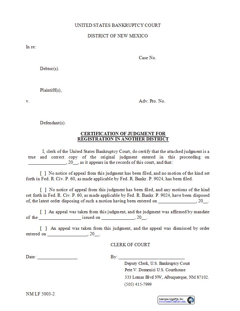 Certification Of Judgment For Registration In Another District {NM LF 5003-2} | Pdf Fpdf Docx | New Mexico