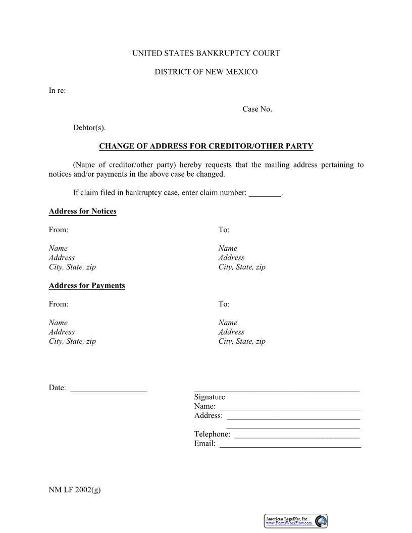 Change Of Address For Creditor Or Other Party {NM LF 2002(g)} | Pdf Fpdf Docx | New Mexico