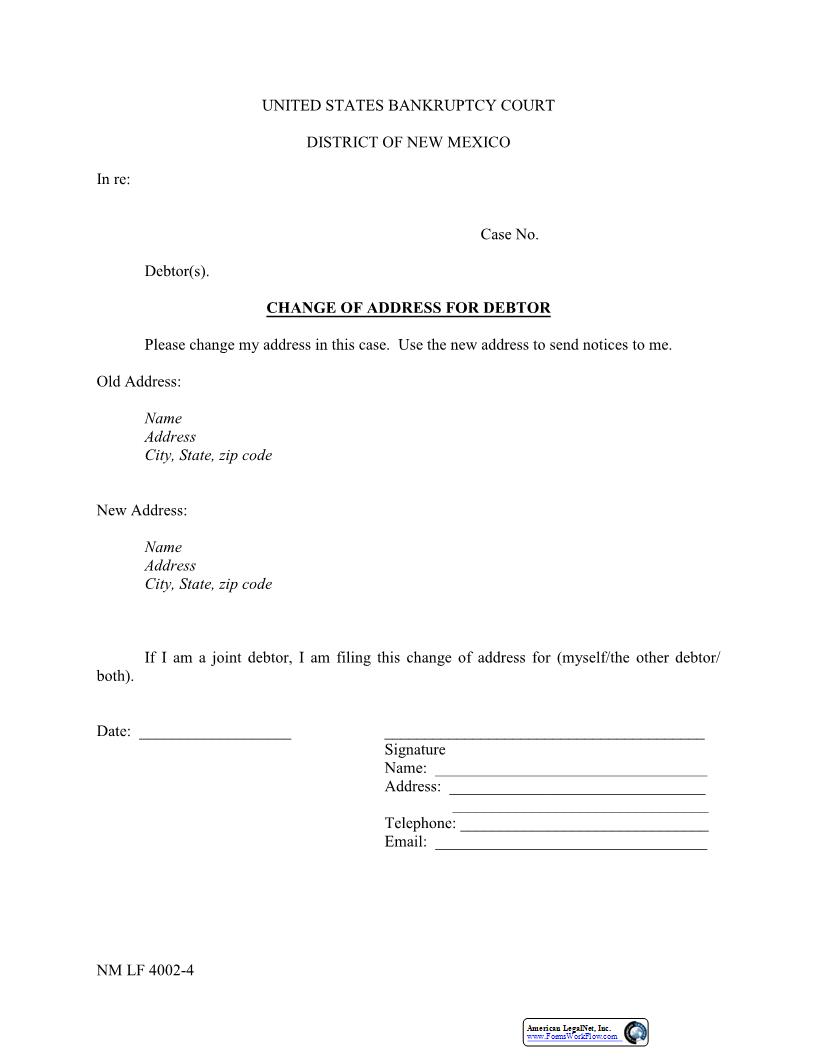 Change Of Address For Debtor {4002-4} | Pdf Fpdf Docx | New Mexico
