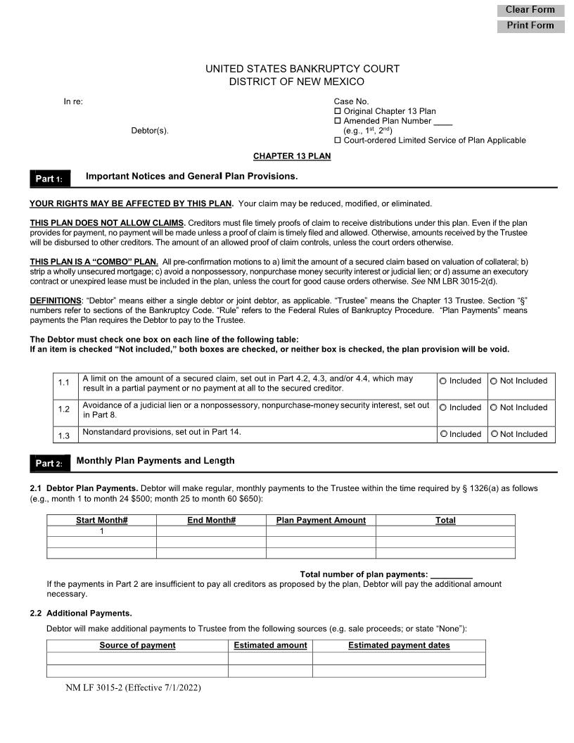 Chapter 13 Plan Effective 7-1-22  {NM LF 3015-2} | Pdf Fpdf Docx | New Mexico