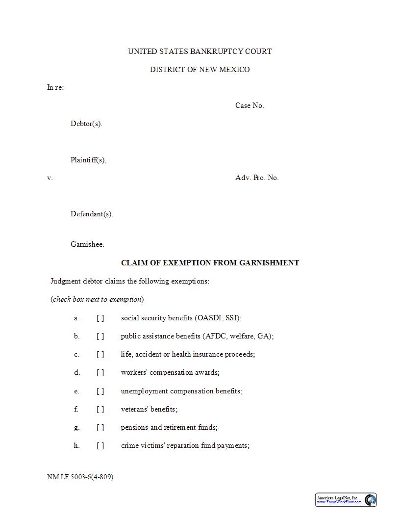 Claim Of Exemption From Garnishment {NM LF 5003-6} | Pdf Fpdf Docx | New Mexico