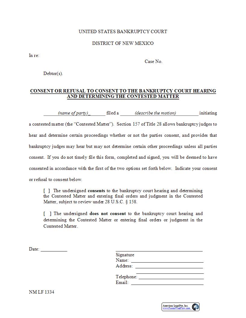 Consent Or Refusal To Bankruptcy Court Hearing {NM LF1334} | Pdf Fpdf Docx | New Mexico