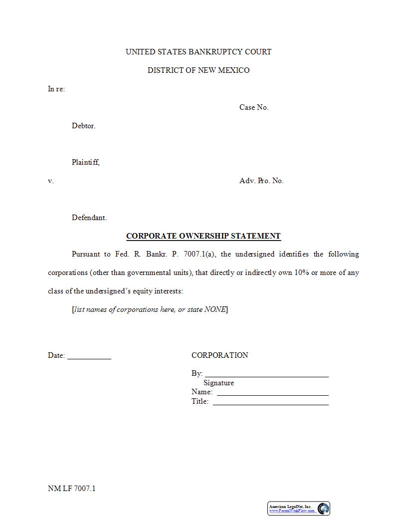 Corporate Ownership Statement (Adversary) {NM LF 7007.1} | Pdf Fpdf Docx | New Mexico