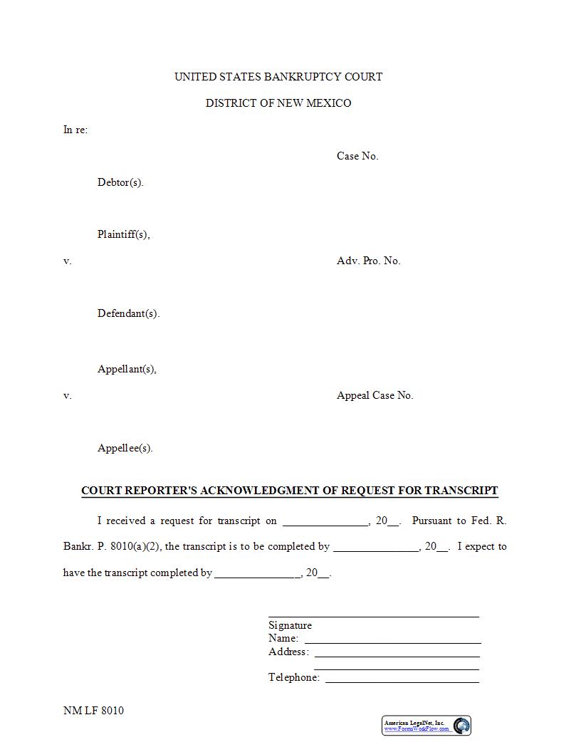 Court Reporters Acknowledgment Of Request For Transcript {NM LF 8010} | Pdf Fpdf Docx | New Mexico