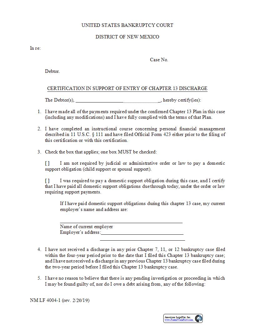 Debtors Certification in Support of Chapter 13 Discharge {4004-1} | Pdf Fpdf Docx | New Mexico
