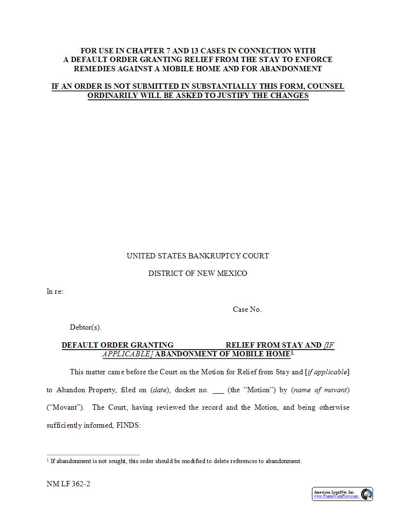Default Order Granting Relief Of Mobile Home {NM LF 362-2} | Pdf Fpdf Docx | New Mexico