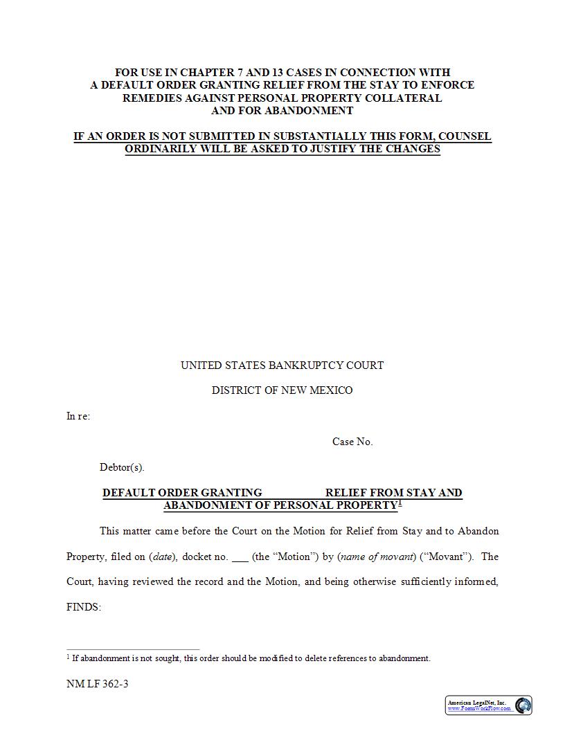 Default Order Granting Relief Of Personal Property {NM LF 362-3} | Pdf Fpdf Docx | New Mexico