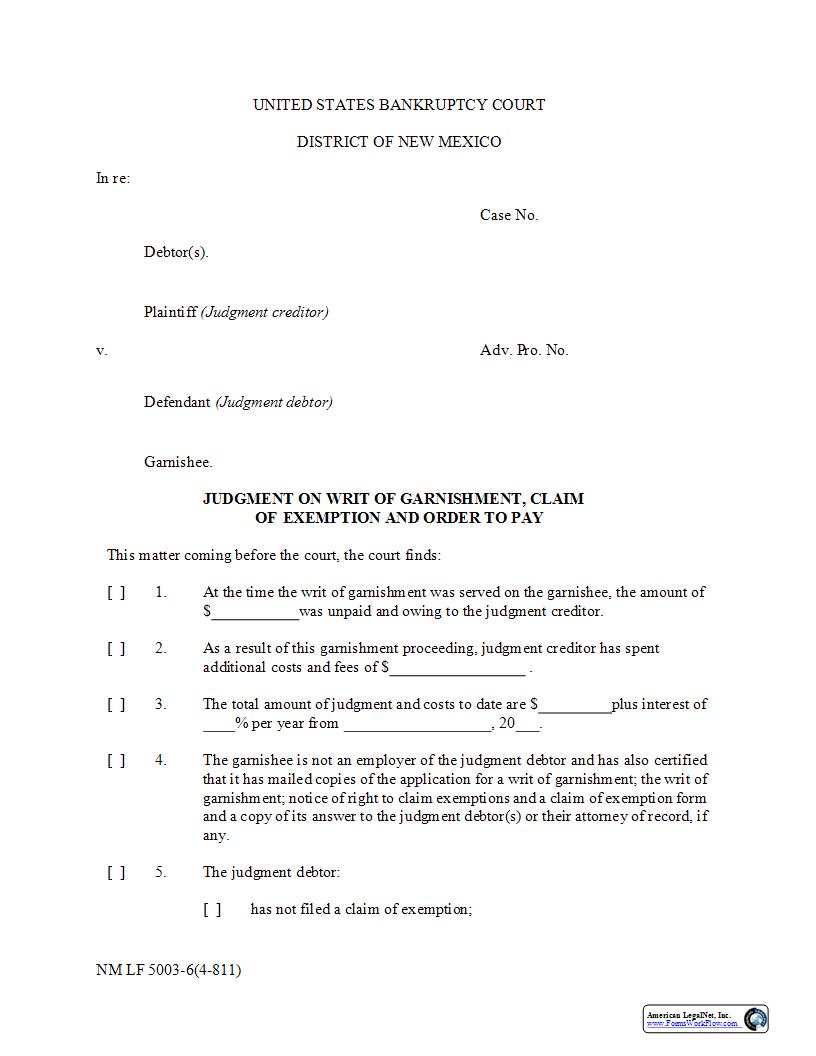 Judgment On Writ Of Garnishment {NM LF 5003-6(4-811)} | Pdf Fpdf Docx | New Mexico